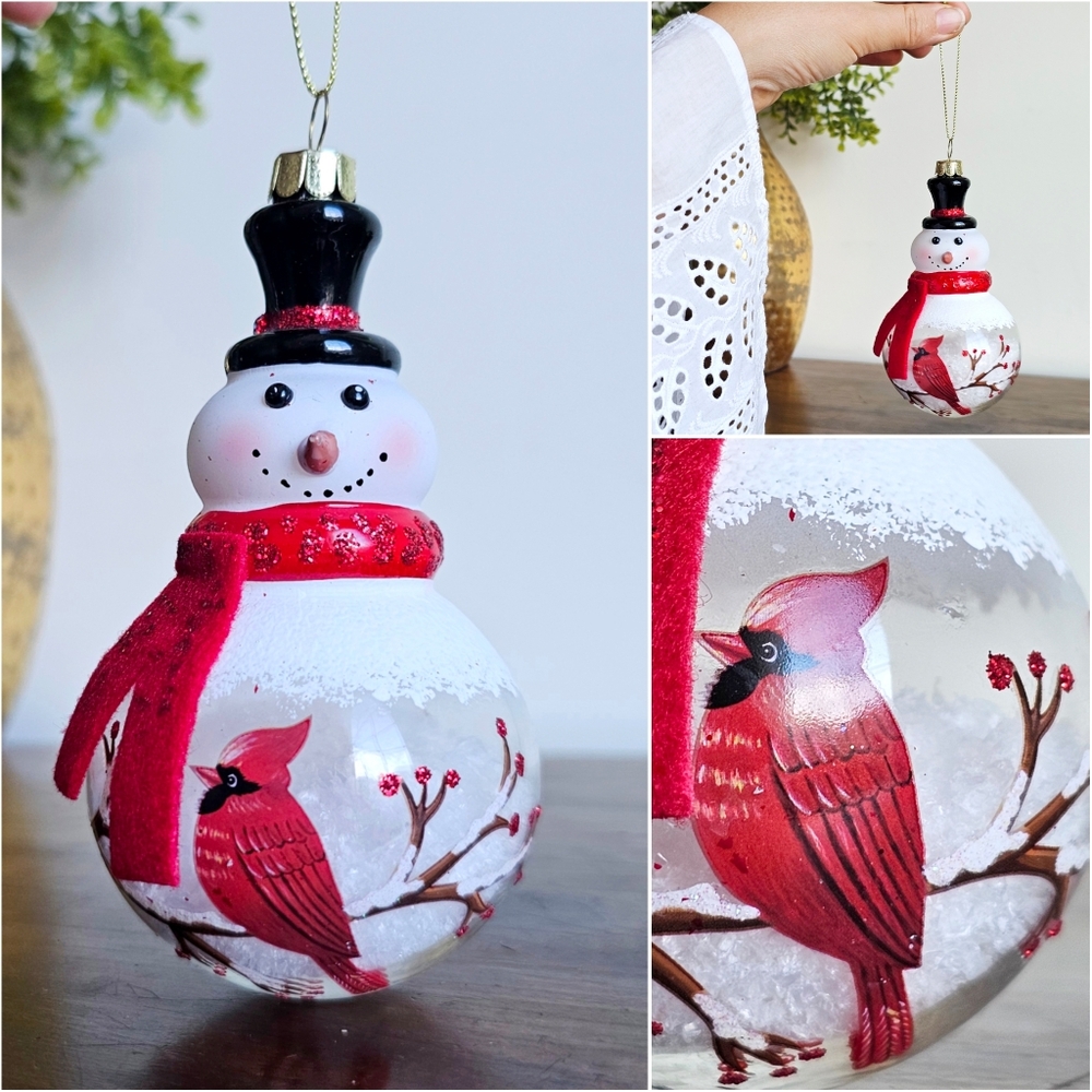 Robert Stanley Snow Filled Glass Snowman Ornament Painted Cardinal Winter Decor